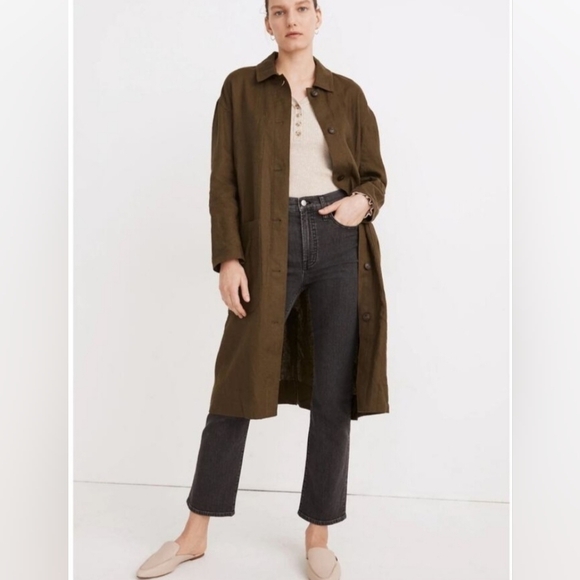 Madewell Jackets & Blazers - Madewell Army Green 100% Linen Oversized Long Duster Coat BUTTON UP SMALL